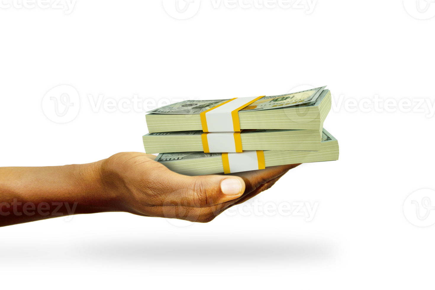 Hand Holding 3D rendering of stacks of US dollar notes isolated on transparent background png