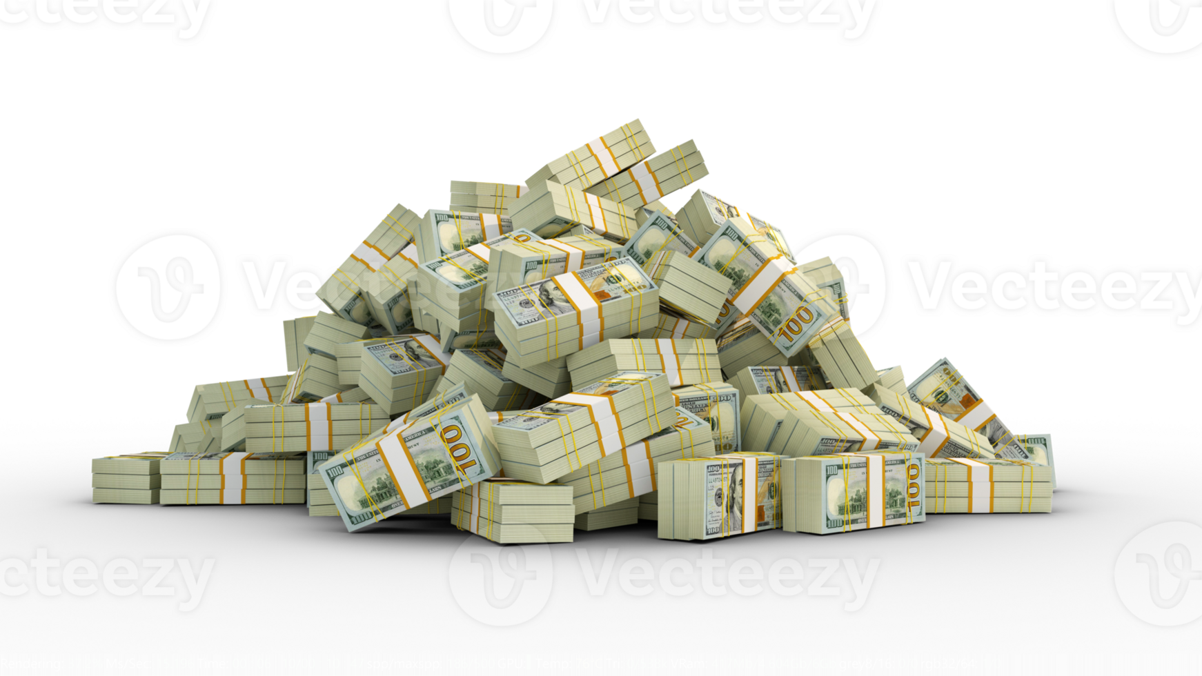 Big pile of bundles of 100 US dollar notes. 3d rendering of stacks of cash png