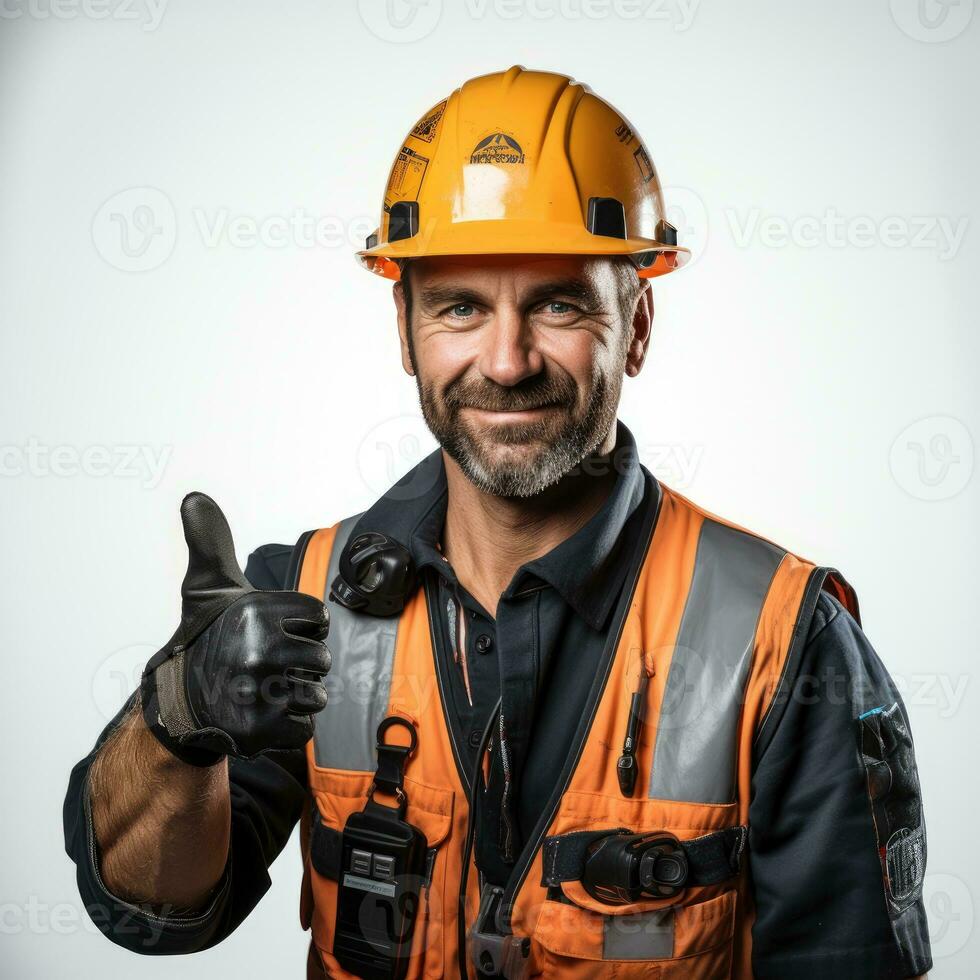 Construction worker showing thumb up Isolated on white background AI Generated photo