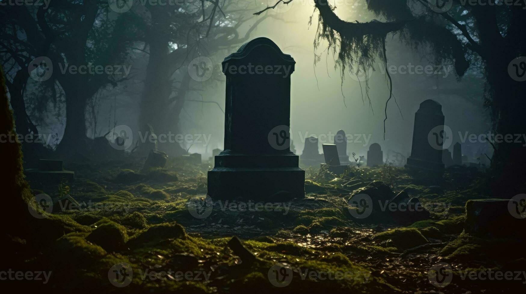 Spooky tombstone in dark forest AI Generated photo