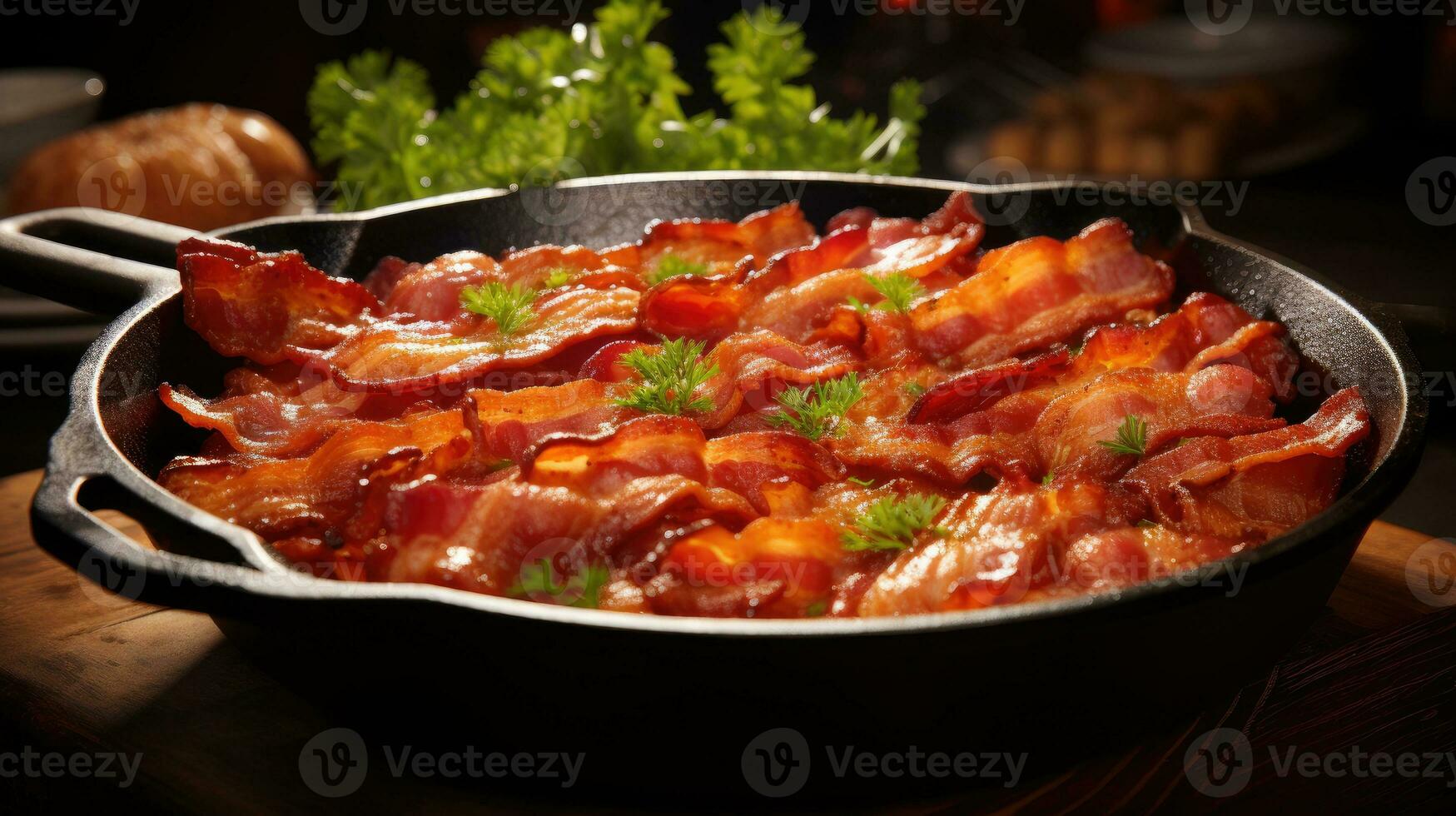 Crunchy streaky bacon fried in a cast iron skillet AI Generated photo
