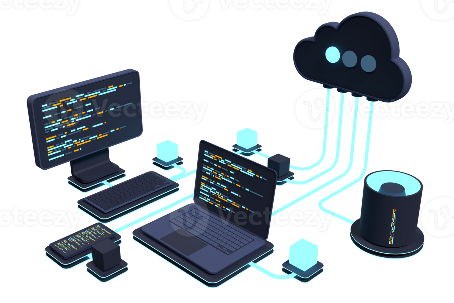 Cloud technology computing concept. Modern cloud technology. Data center isometric concept. 3D cloud technology with datacenter. Web hosting concept. 3D rendering png