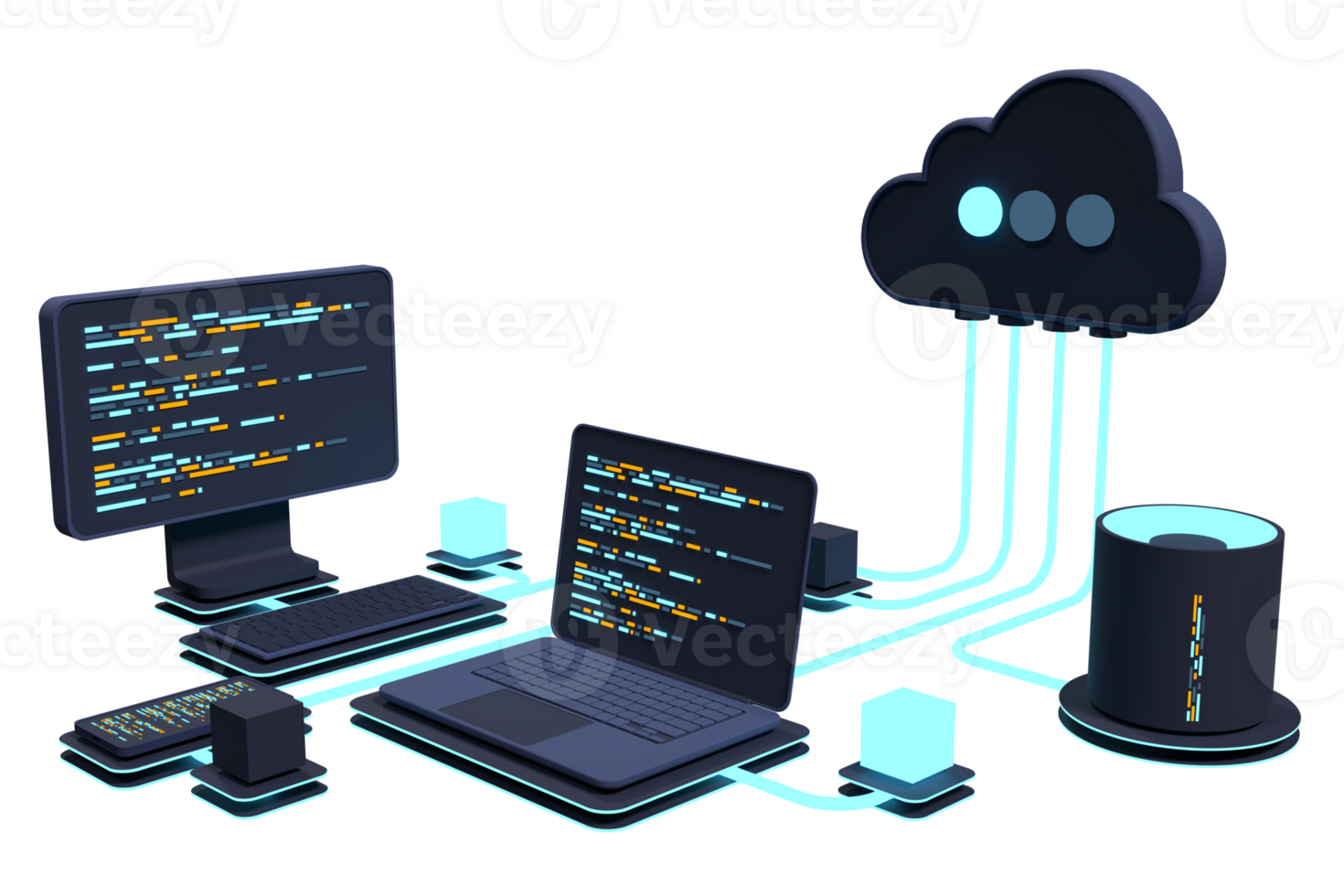 Cloud technology computing concept. Modern cloud technology. Data center isometric concept. 3D cloud technology with datacenter. Web hosting concept. 3D rendering png