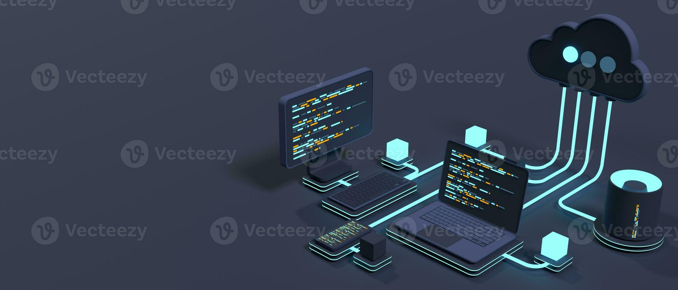 Cloud technology computing concept. Modern cloud technology. Data center isometric concept. 3D cloud technology with datacenter. Web hosting concept. 3D rendering photo