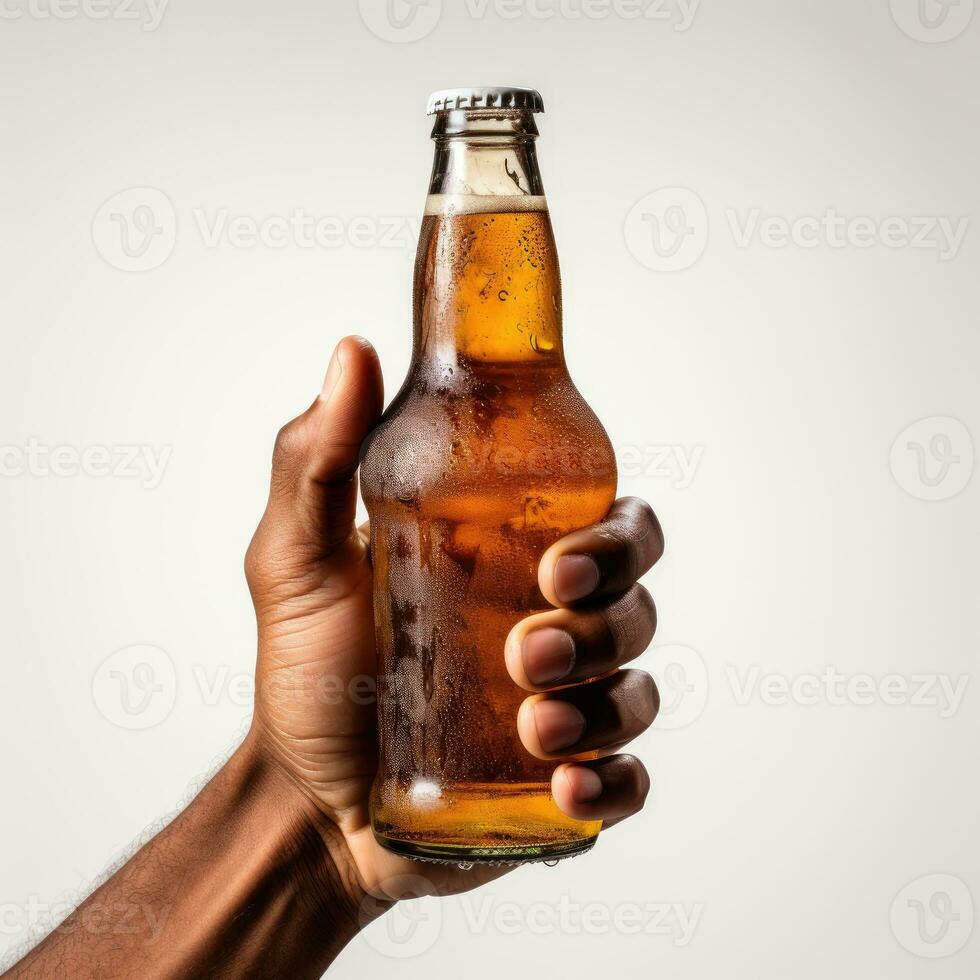 Hand holding beer Isolated on white background AI Generated photo