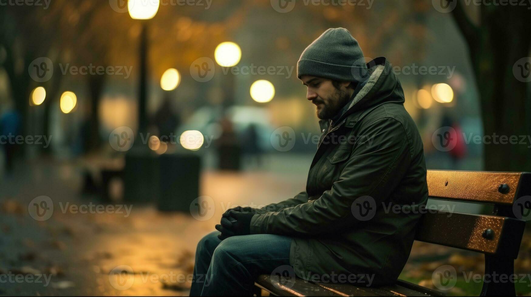 uno hombre sentado en banco ai generado foto