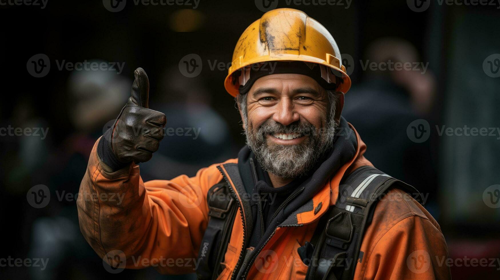 construcción trabajador demostración pulgar arriba ai generado foto