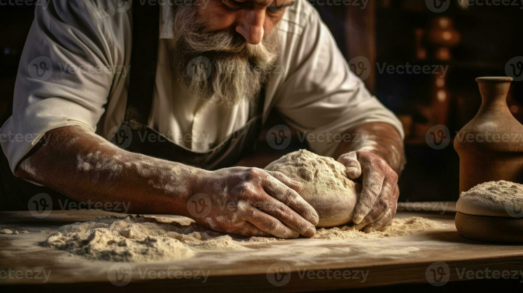 hombre amasadura masa en un de madera mesa ai generado foto