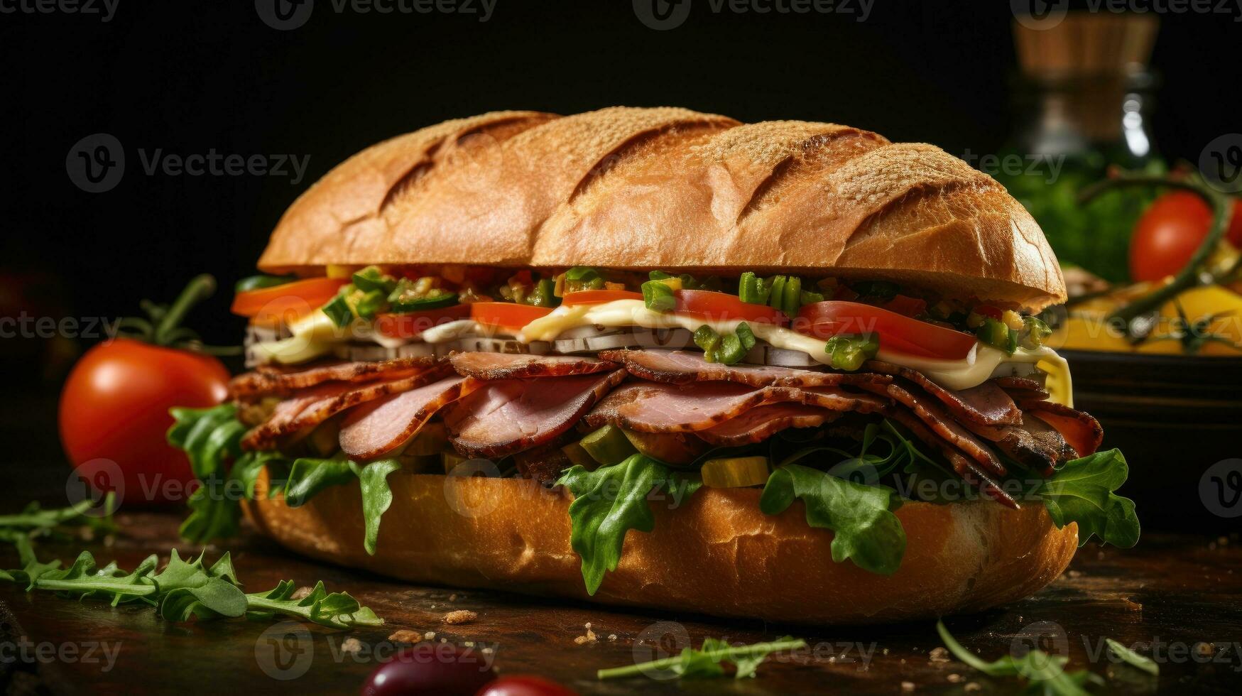 Grilled meat and vegetable sandwich AI Generated photo