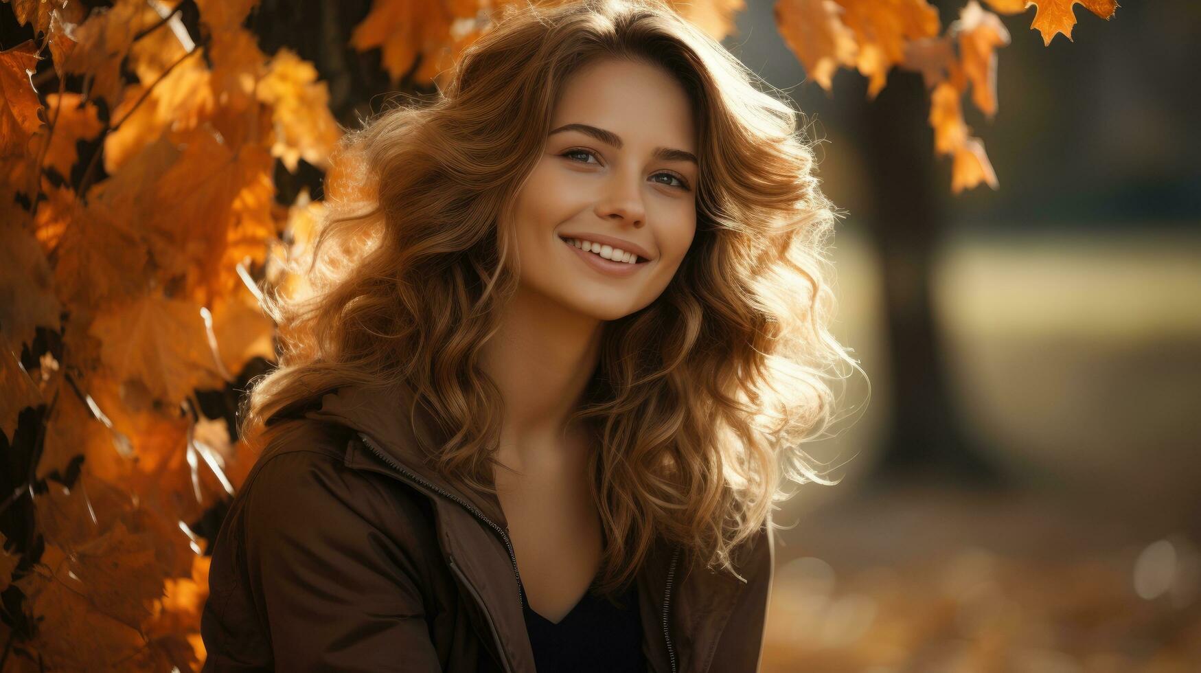 contento joven mujer sentado en otoño parque ai generado foto