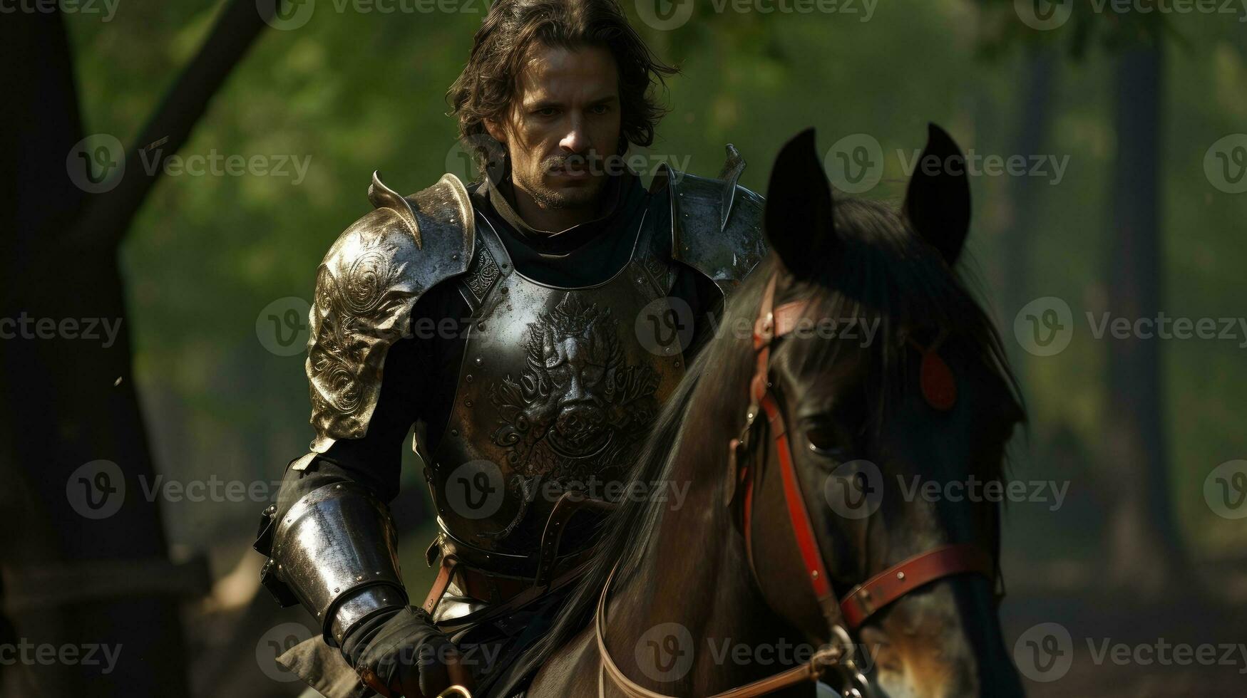 Man in knight armor riding a horse AI Generated photo