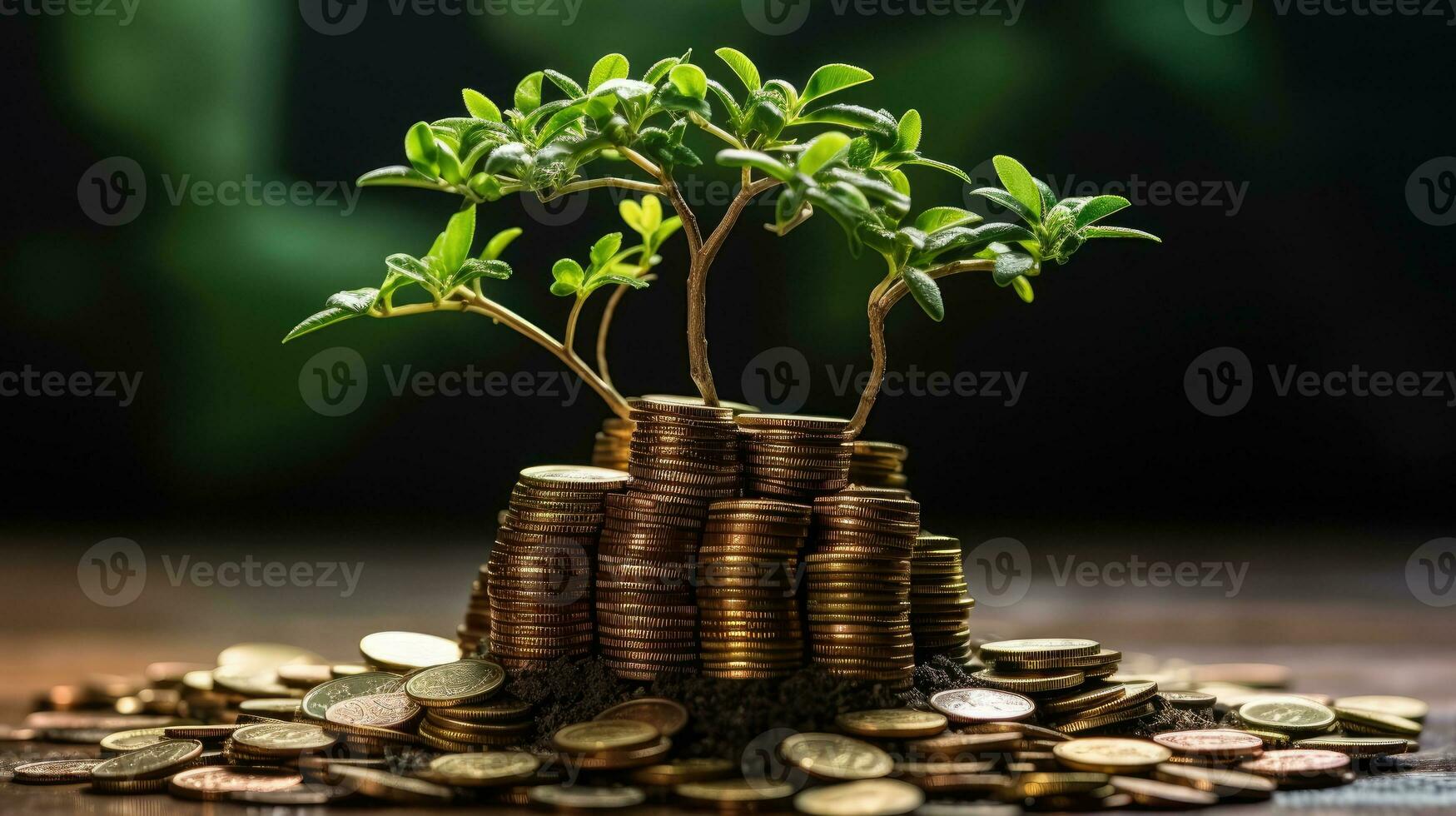 Small tree on stack coins AI Generated photo