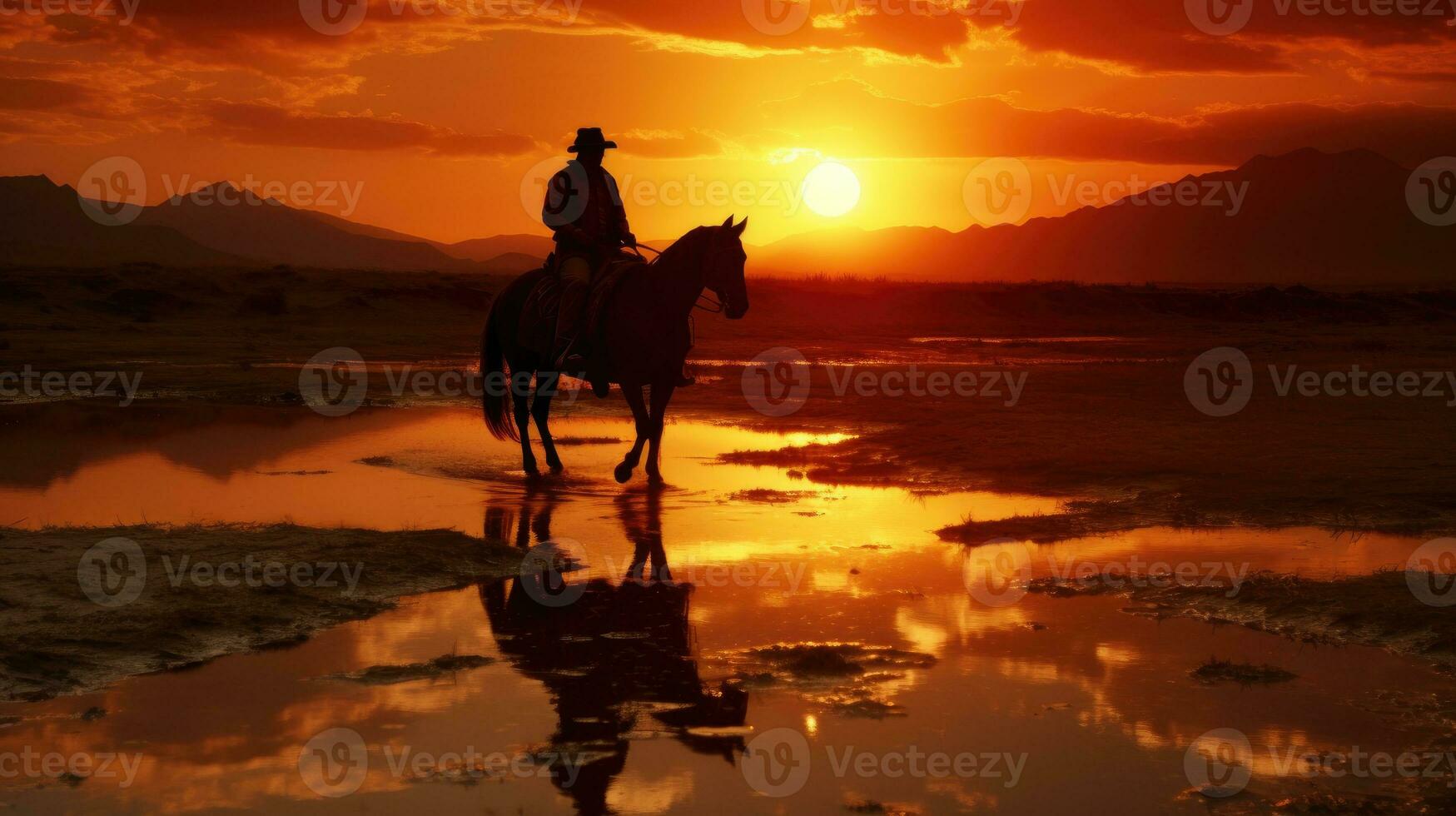 un hombre paseos un caballo en puesta de sol ai generado foto