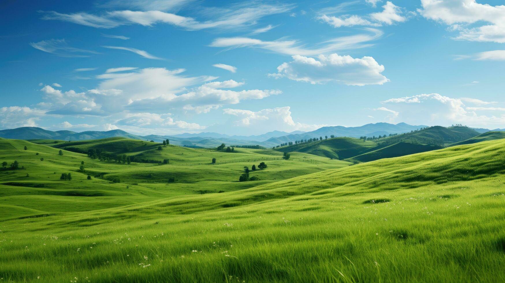 Field of green under blue sky AI Generated photo