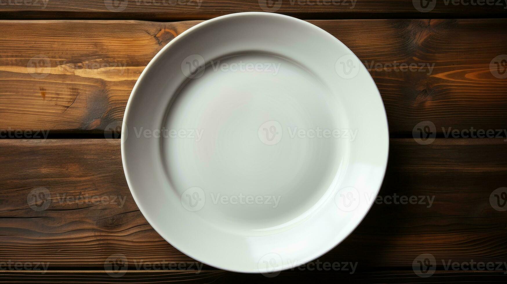 top down view A empty plate on a wooden table AI Generated photo