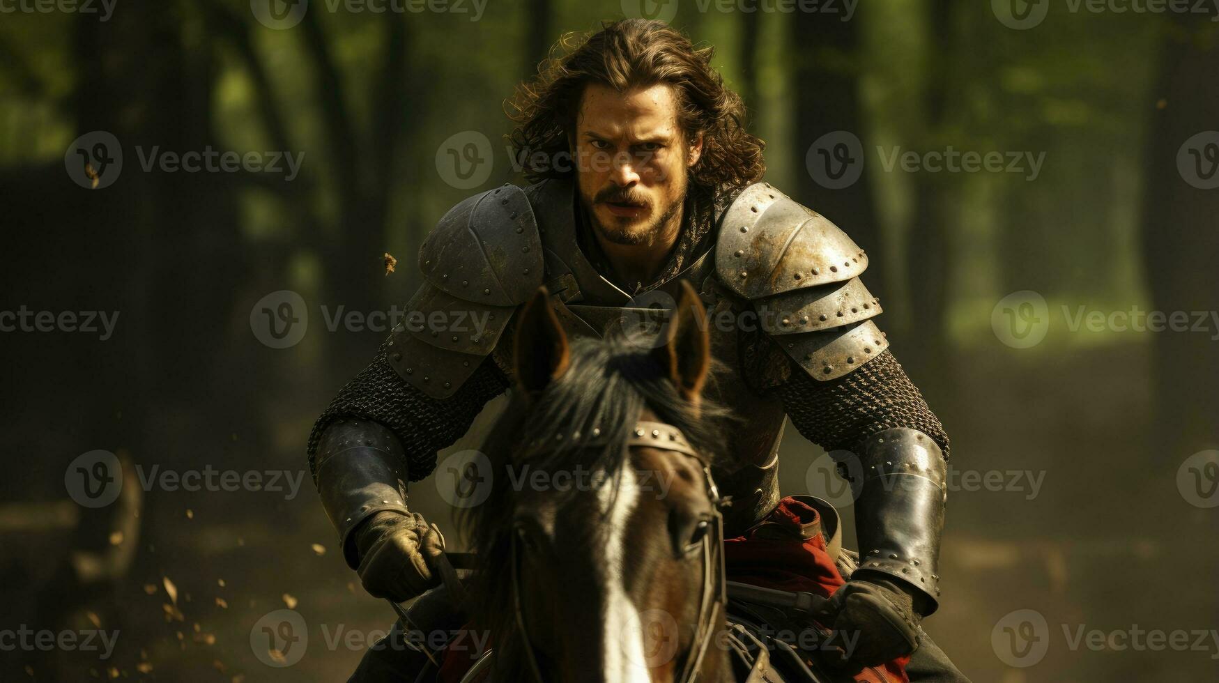 Man in knight armor riding a horse AI Generated photo