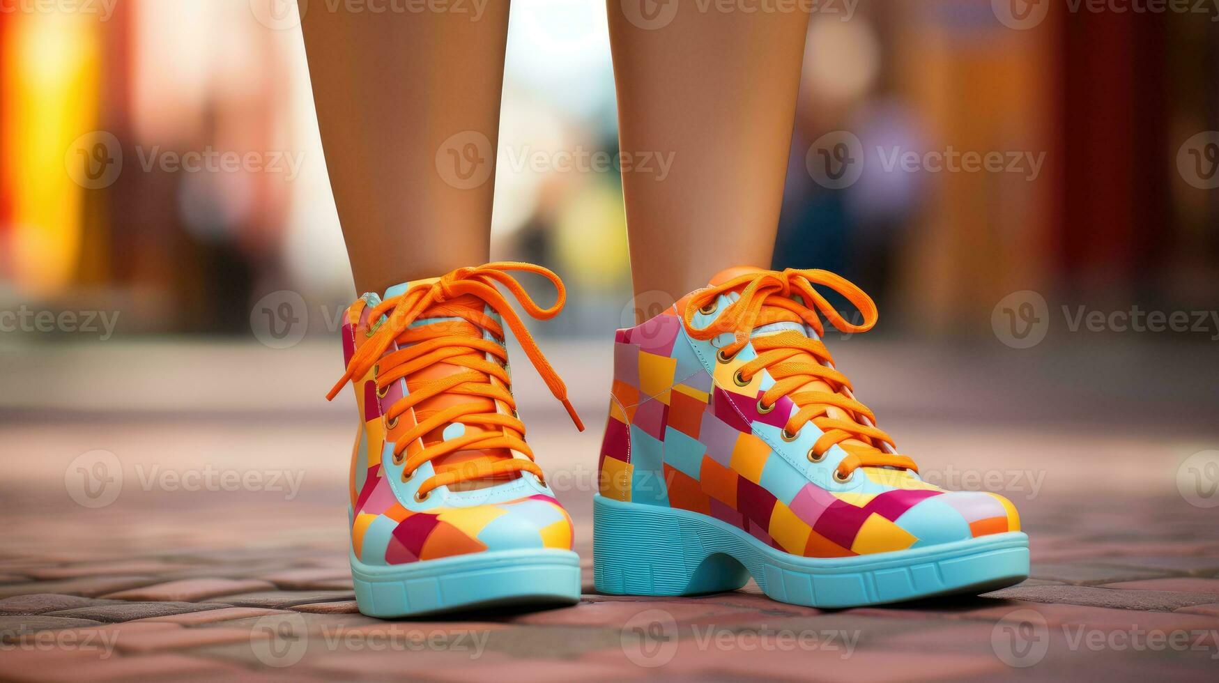 mujer vistiendo vistoso calcetines y Zapatos ai generado foto
