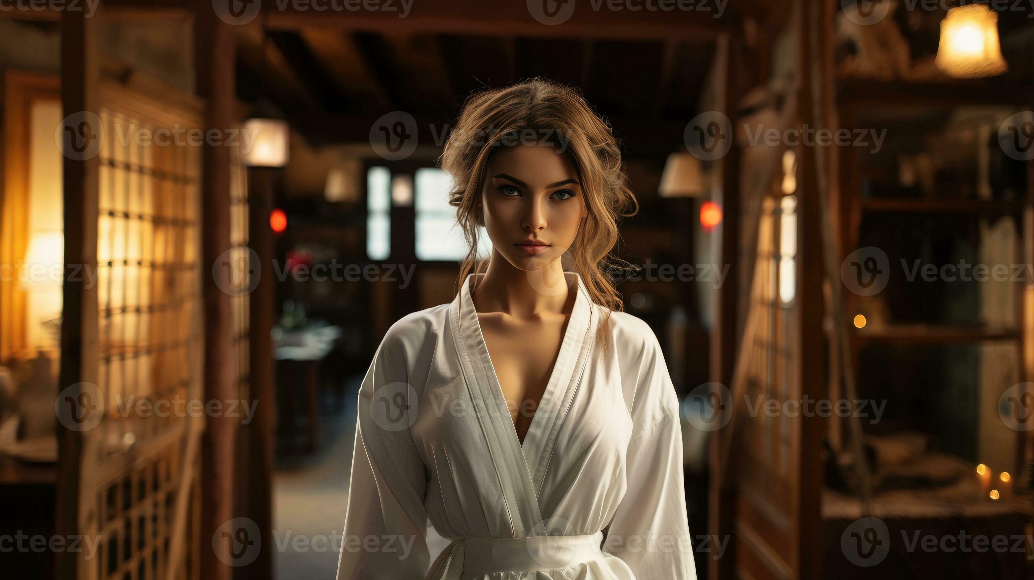 Beautiful Girl black hair in a white robe AI Generated 30354138 Stock
