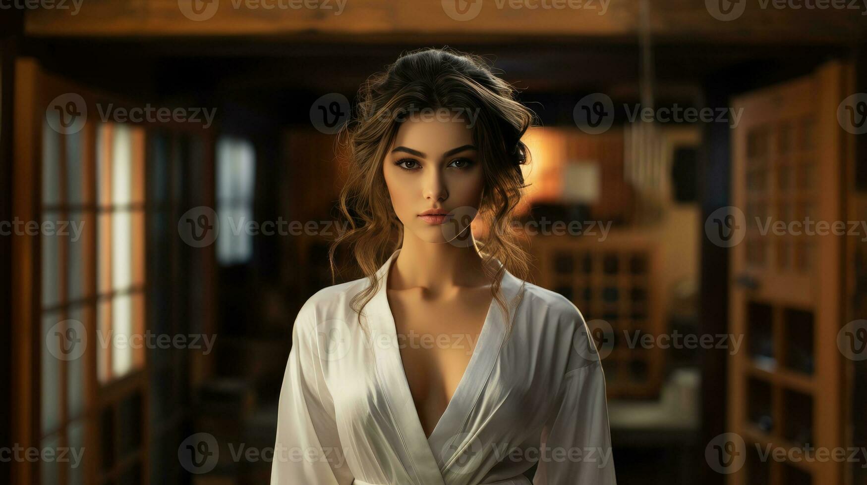 Beautiful Girl black hair in a white robe AI Generated photo