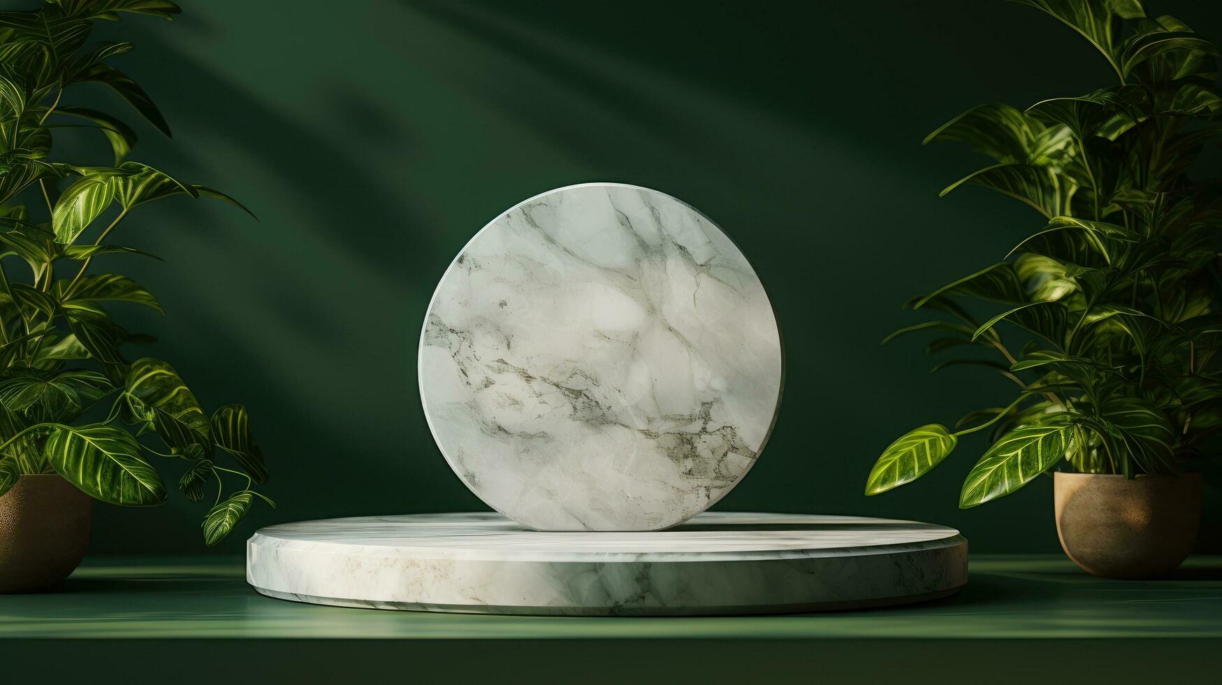 White marble podium with green background AI Generated photo