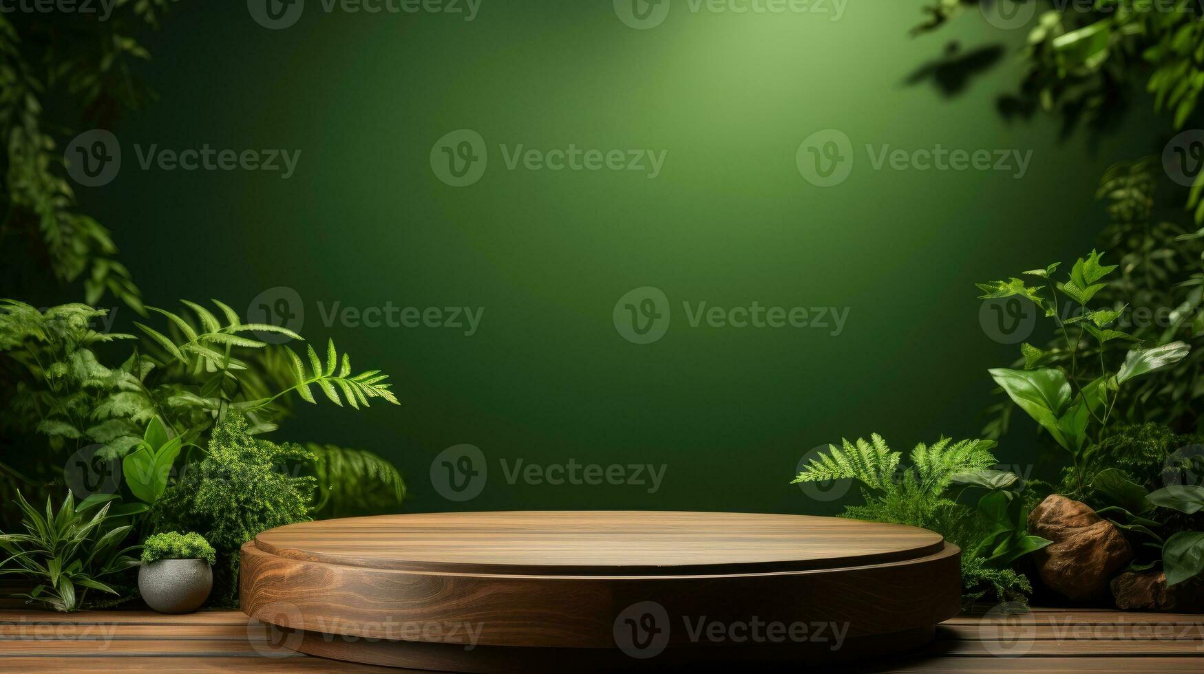de madera podio con verde antecedentes ai generado foto