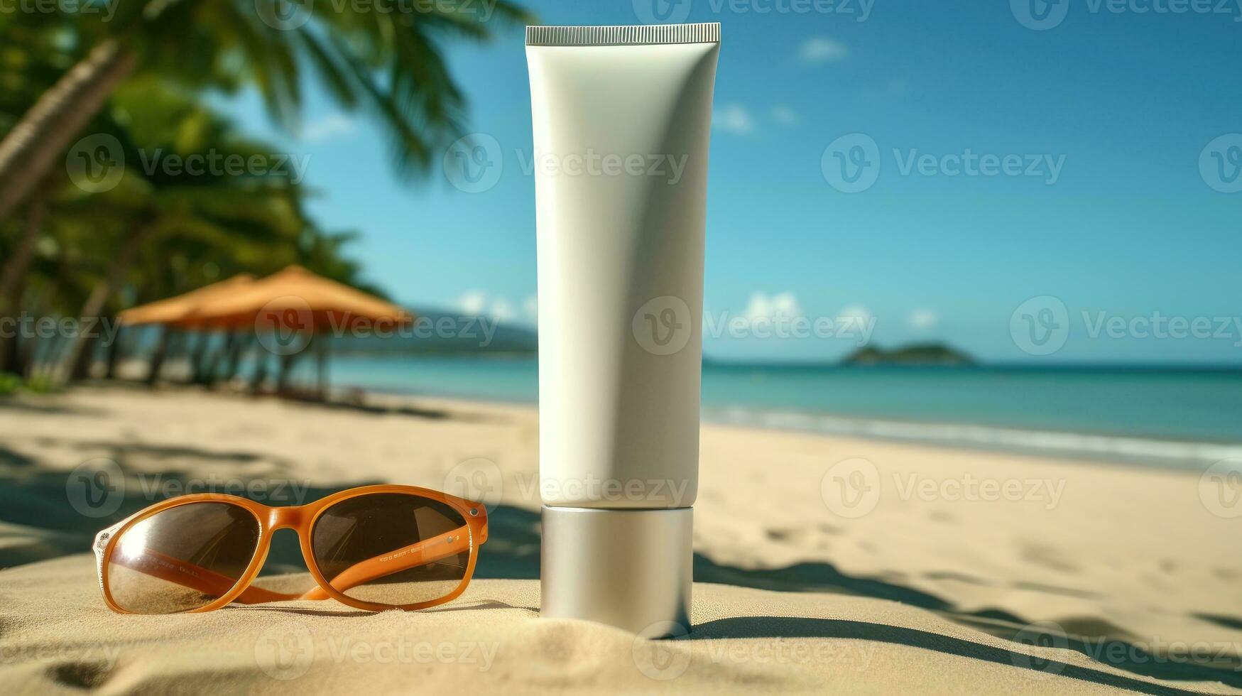 Sunscreen Bottle on the beach AI Generated photo
