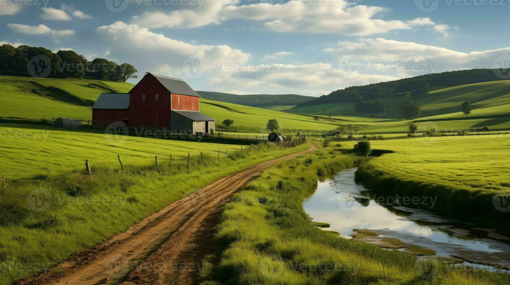 Green fields rural barns AI Generated photo