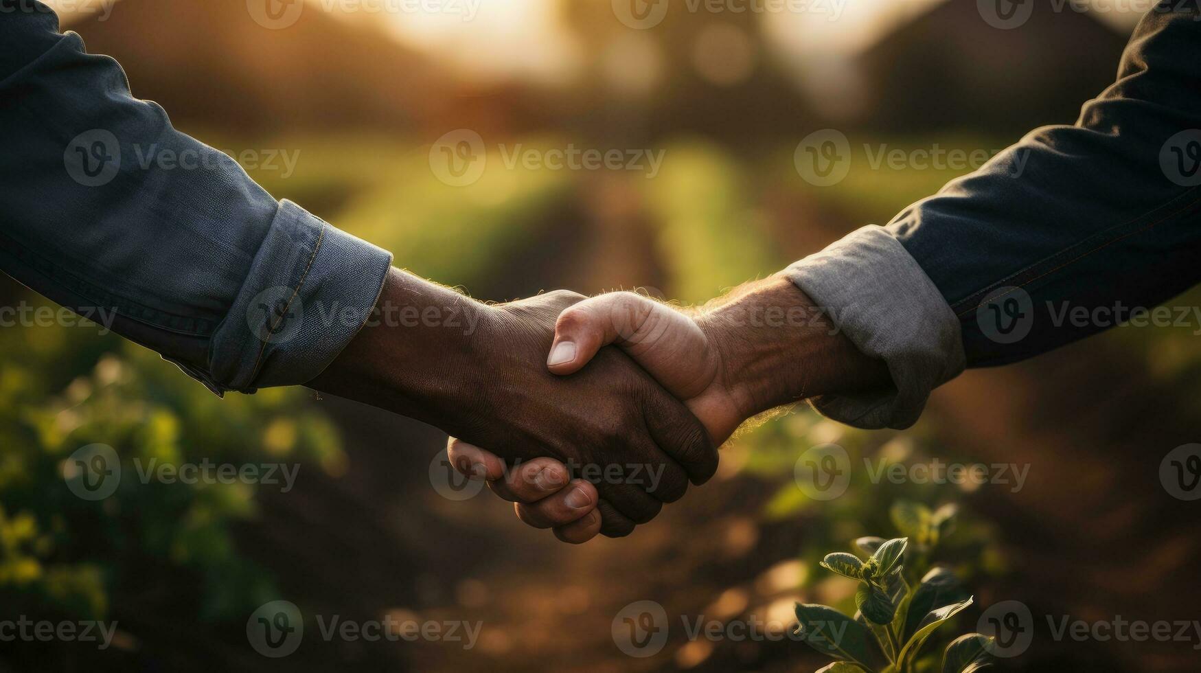 cerca arriba granjero sacudir mano juntos ai generado foto