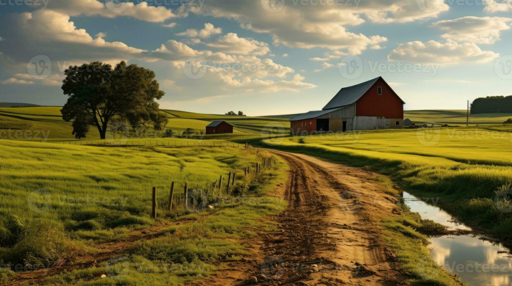Green fields rural barns AI Generated photo