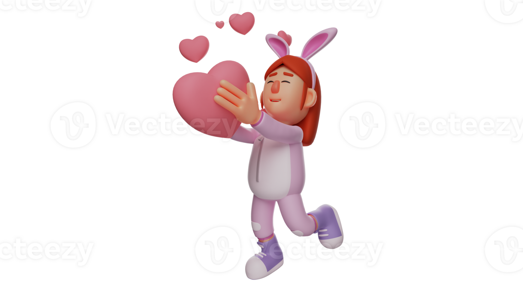 3D illustration. Romantic Bunny Girl 3D cartoon character. Bunny Girl carries a great symbol of love. Little girl wearing a bunny costume and smiling happily. 3D cartoon character png