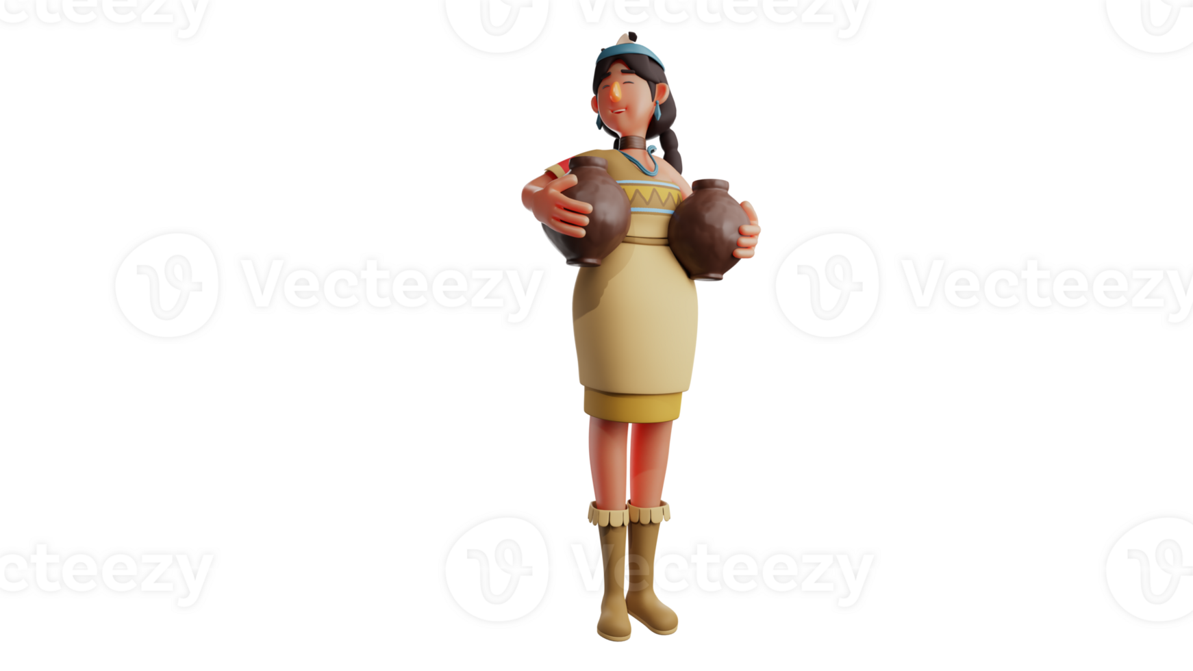 3D illustration. Stunning Indian Woman 3D cartoon character. Beautiful Indian girl carries two jugs filled with water using both hands. Indian girl smiling happily. 3D cartoon character png