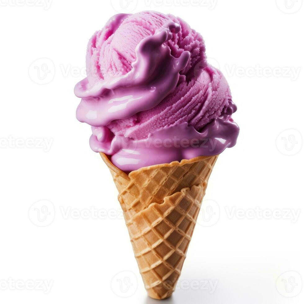 Purple ice cream in waffle cone Isolated on white background AI Generated photo