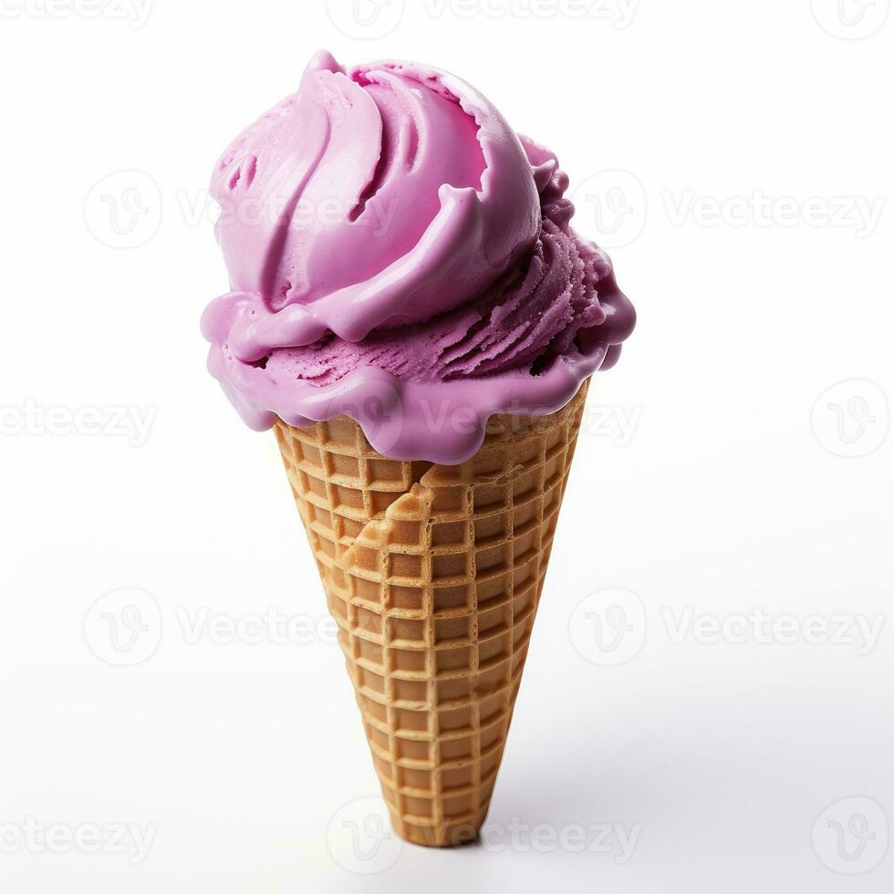 Purple ice cream in waffle cone Isolated on white background AI Generated photo