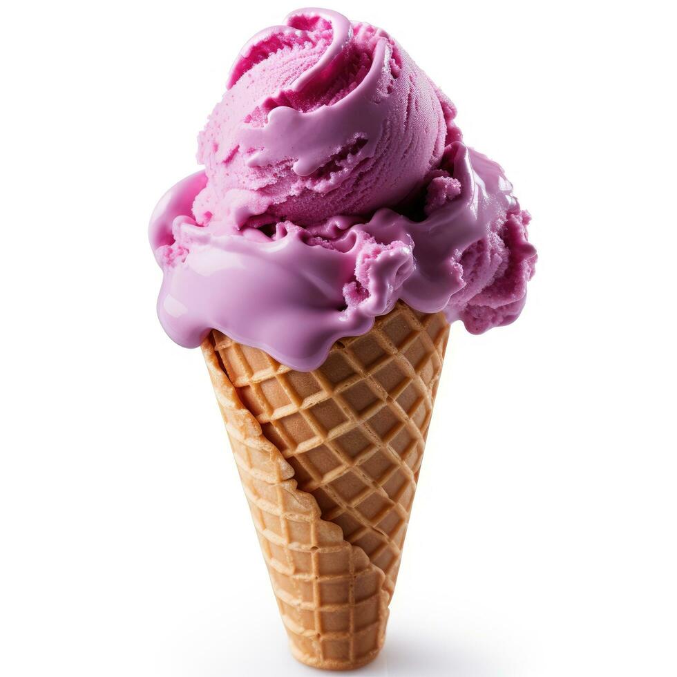 púrpura hielo crema en gofre cono aislado en blanco antecedentes ai generado foto