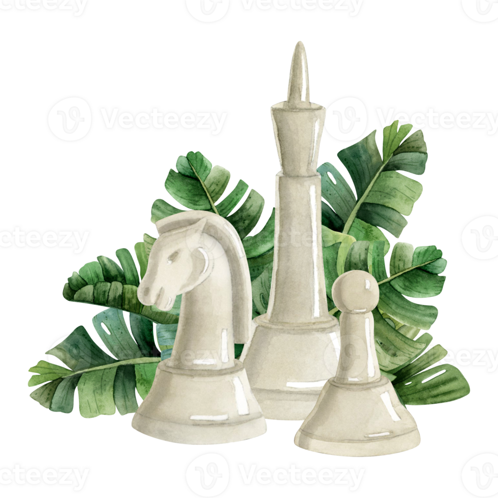 White king, knight and pawn chess pieces with tropical palm leaves watercolor illustration. Realistic figures for intellectual board games artistic designs png