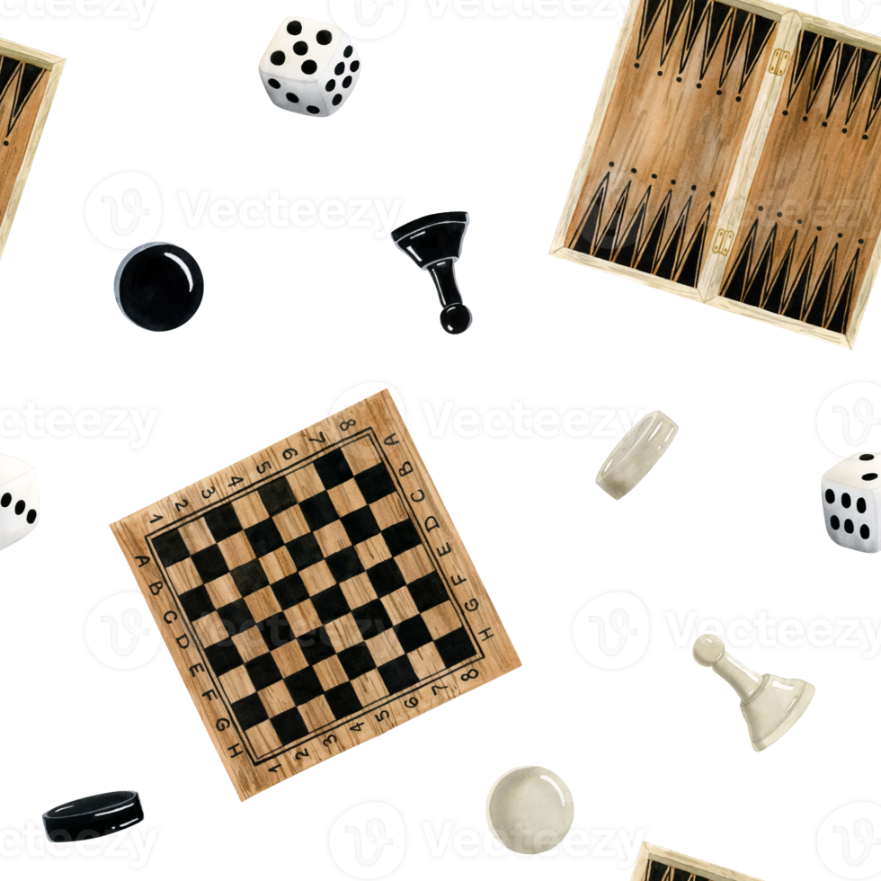 Table board games chess, backgammon and checkers with white gambling dices cubes watercolor seamless pattern for hobby and leisure activity png