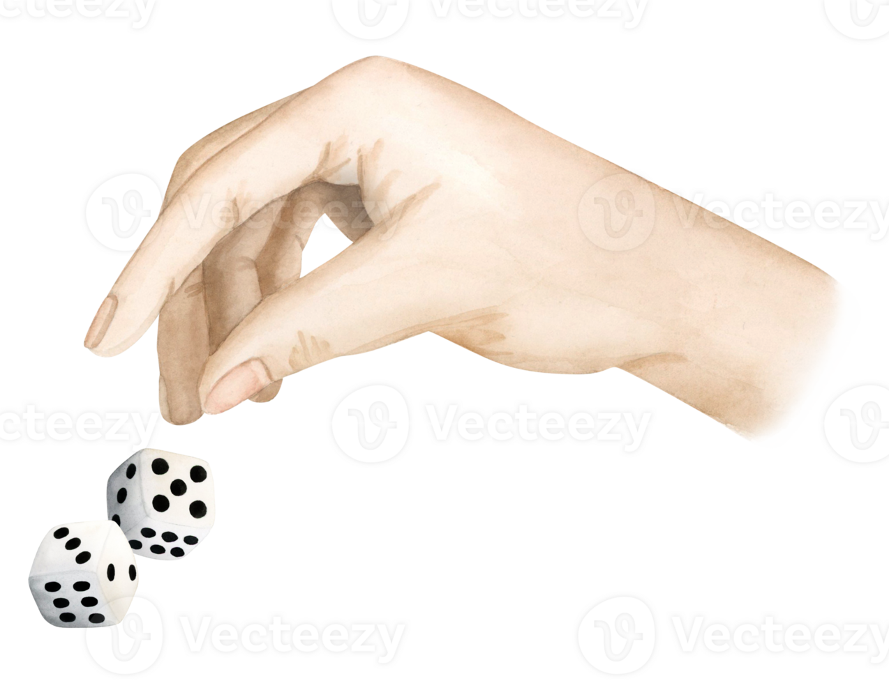 Watercolor hand throwing game dice cubes illustration for gambling and board games designs png