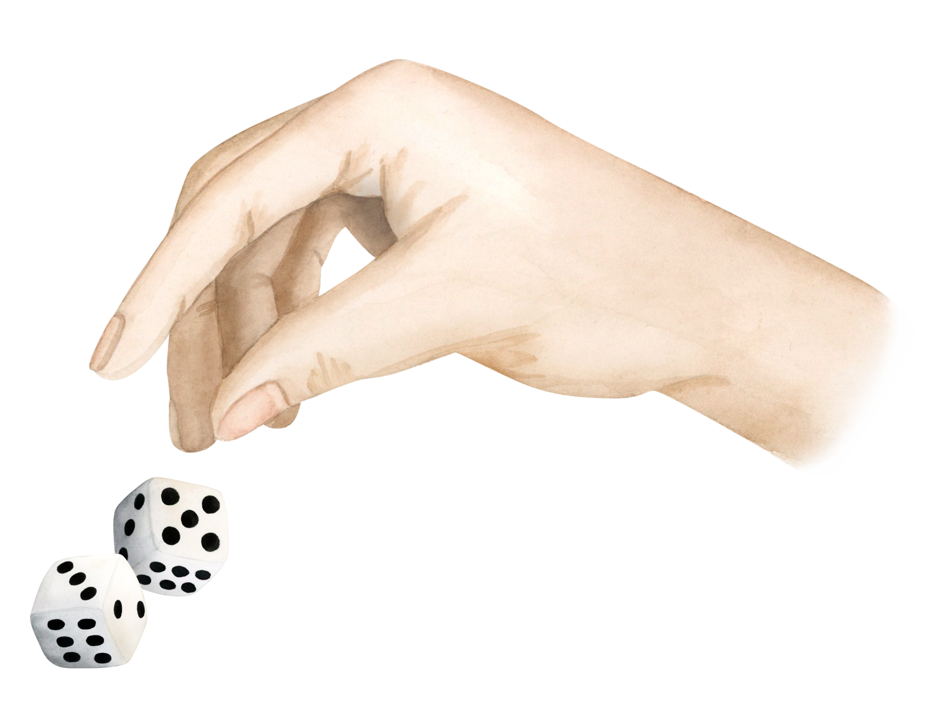Watercolor hand throwing game dice cubes illustration for gambling and