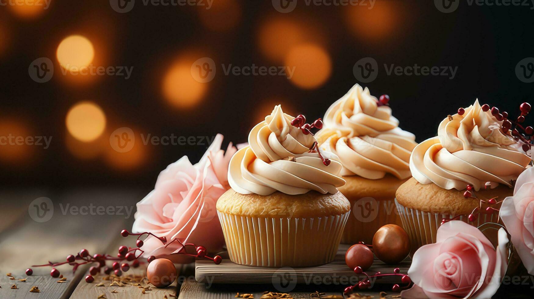 Autumn Cupcake Background on Wood by generative AI photo