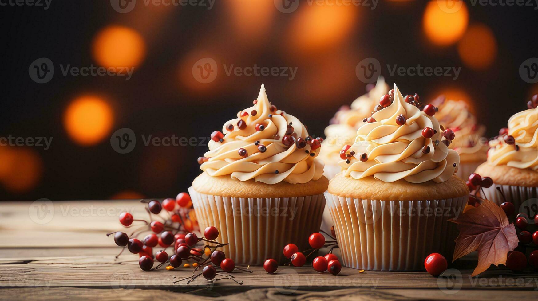 Autumn Cupcake Background on Wood by generative AI photo
