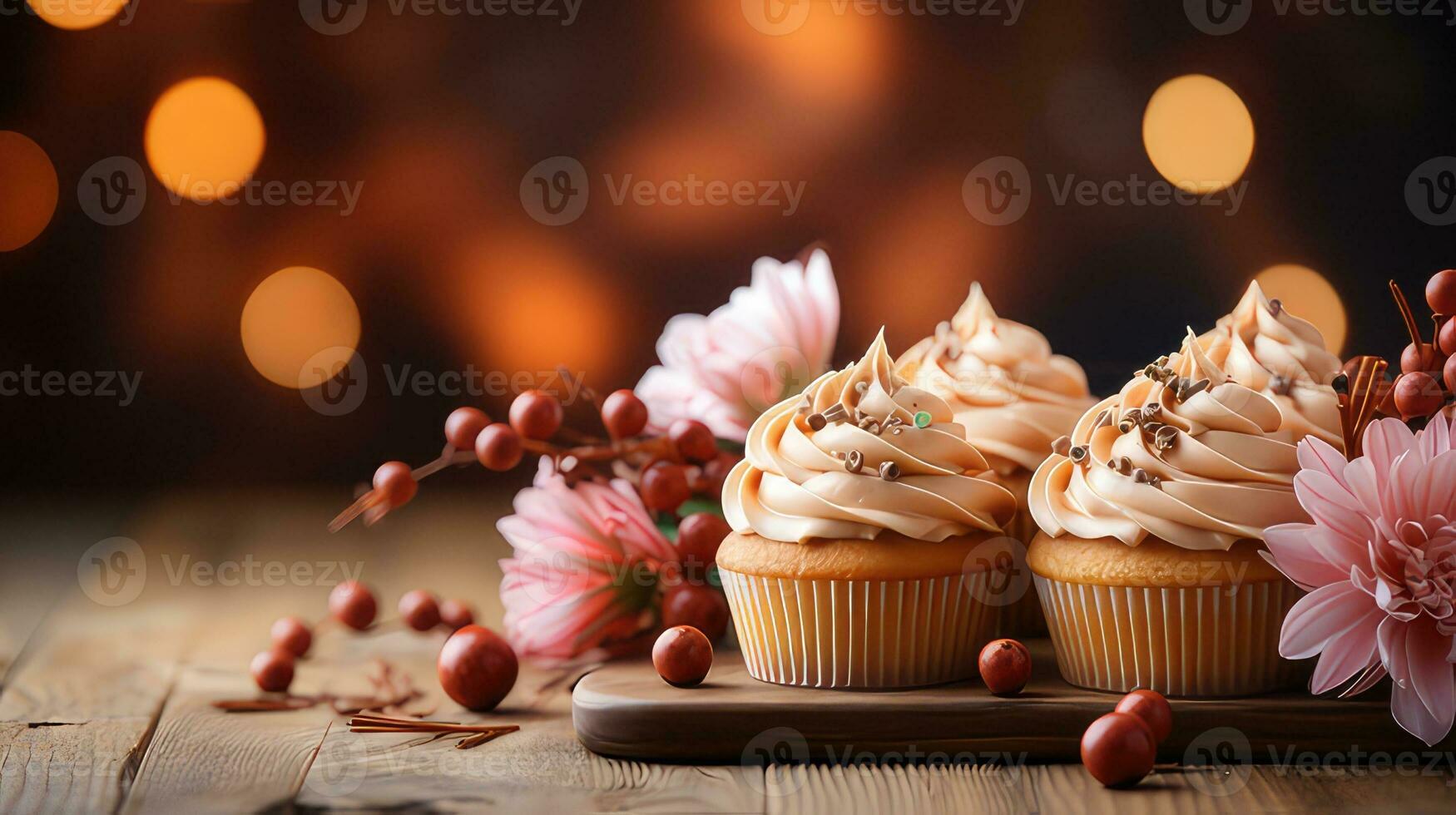 Autumn Cupcake Background on Wood by generative AI photo
