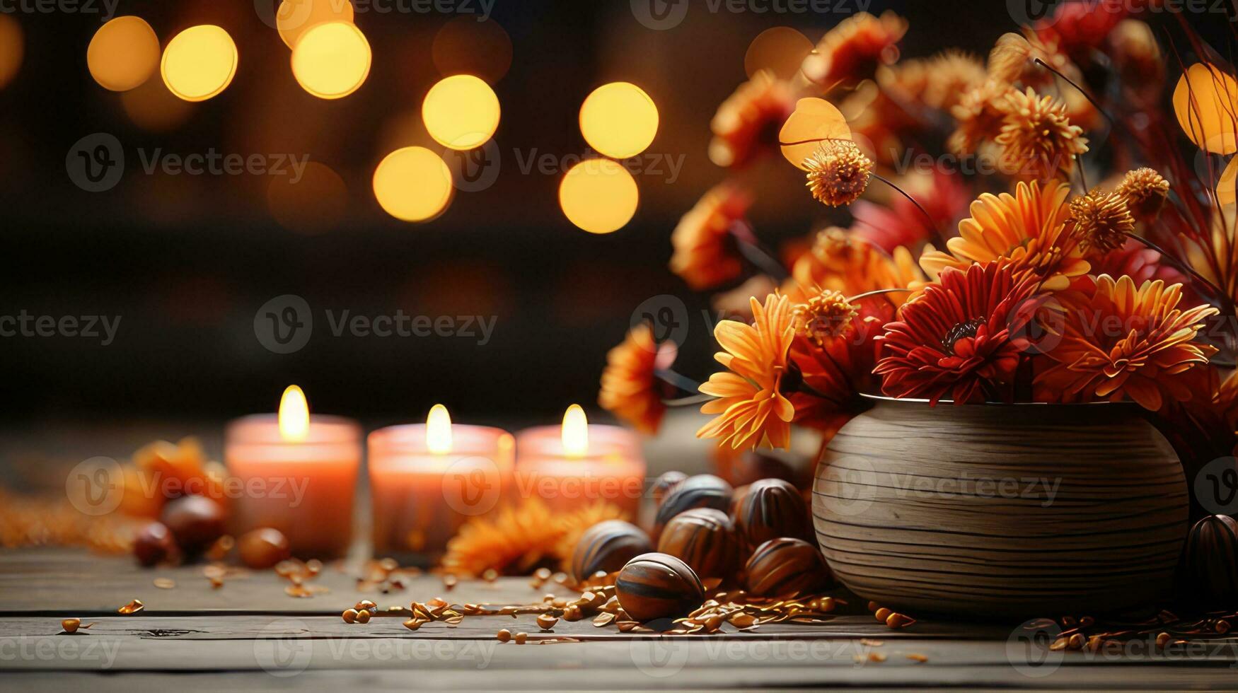 Festive autumn decor from flower and leaves on a white wooden background by generative AI photo