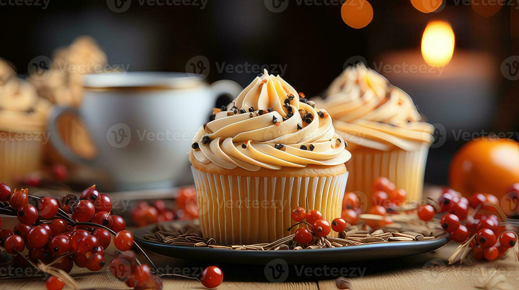 Autumn Cupcake Background on Wood by generative AI photo