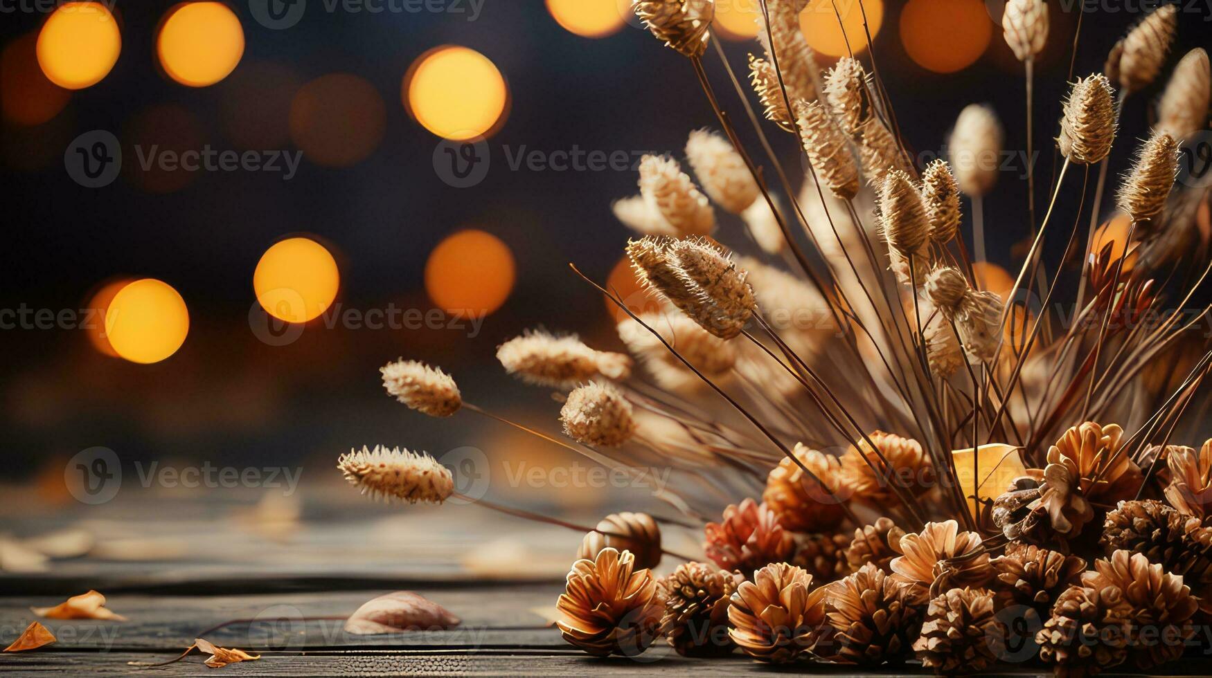 Festive autumn decor from flower and leaves on a white wooden background by generative AI photo