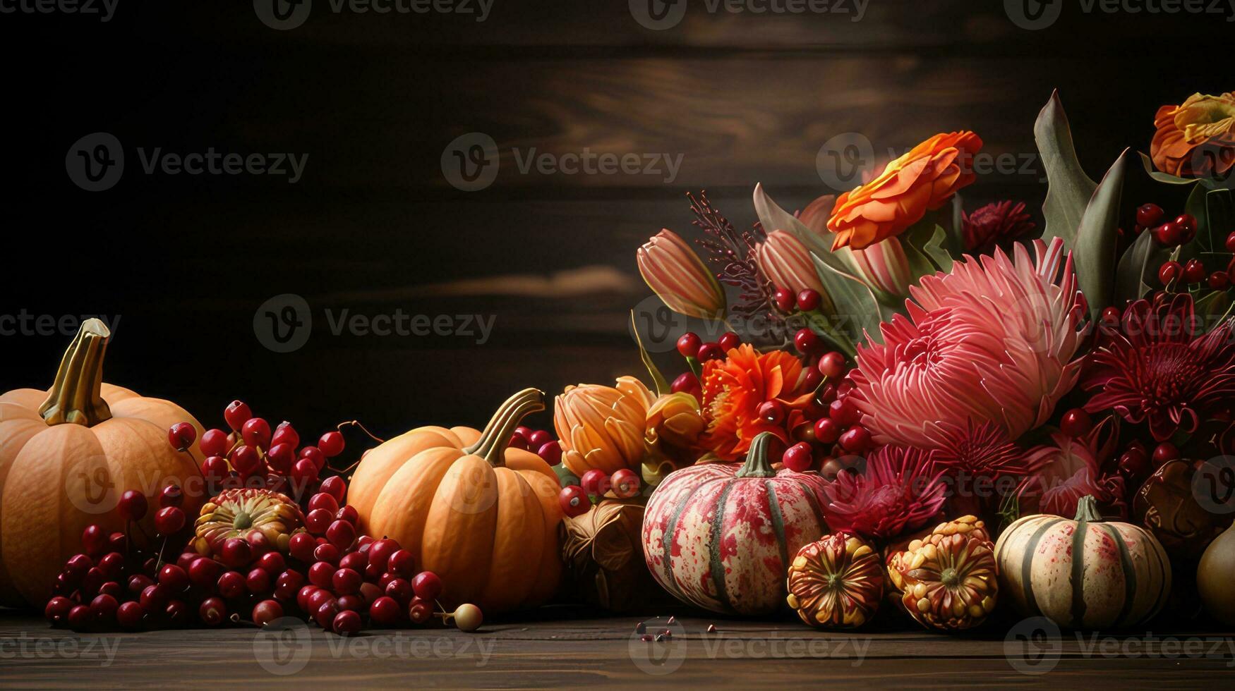 Autumn pumpkin arrangement on a wood background by generative AI photo