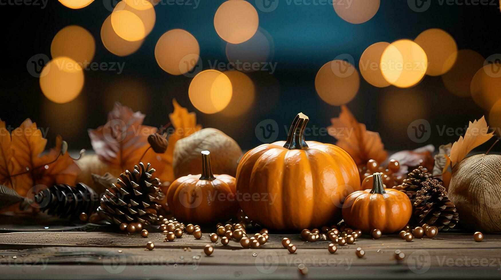 Autumn pumpkin arrangement on a wood background by generative AI photo