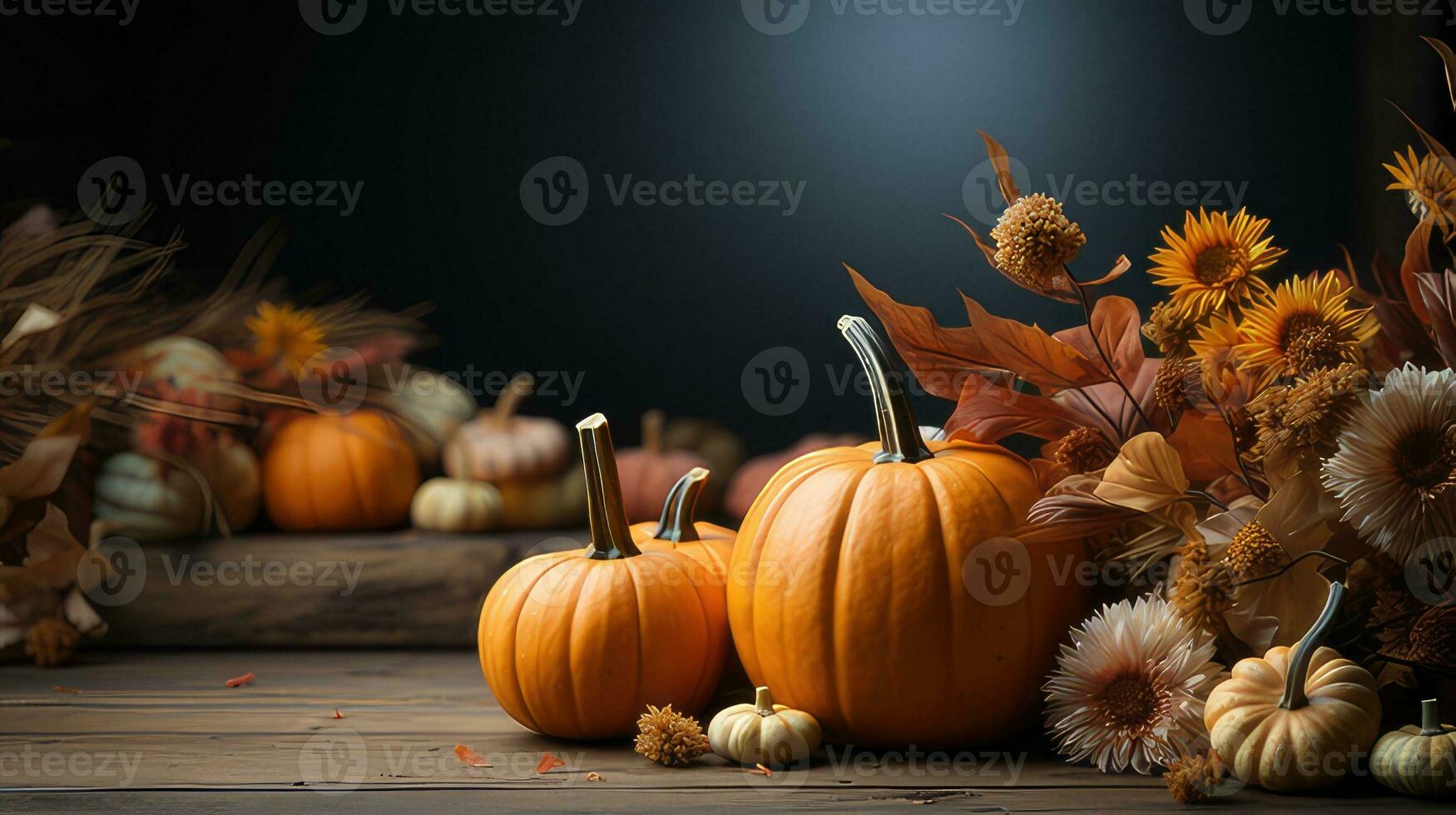 Autumn pumpkin arrangement on a wood background by generative AI photo