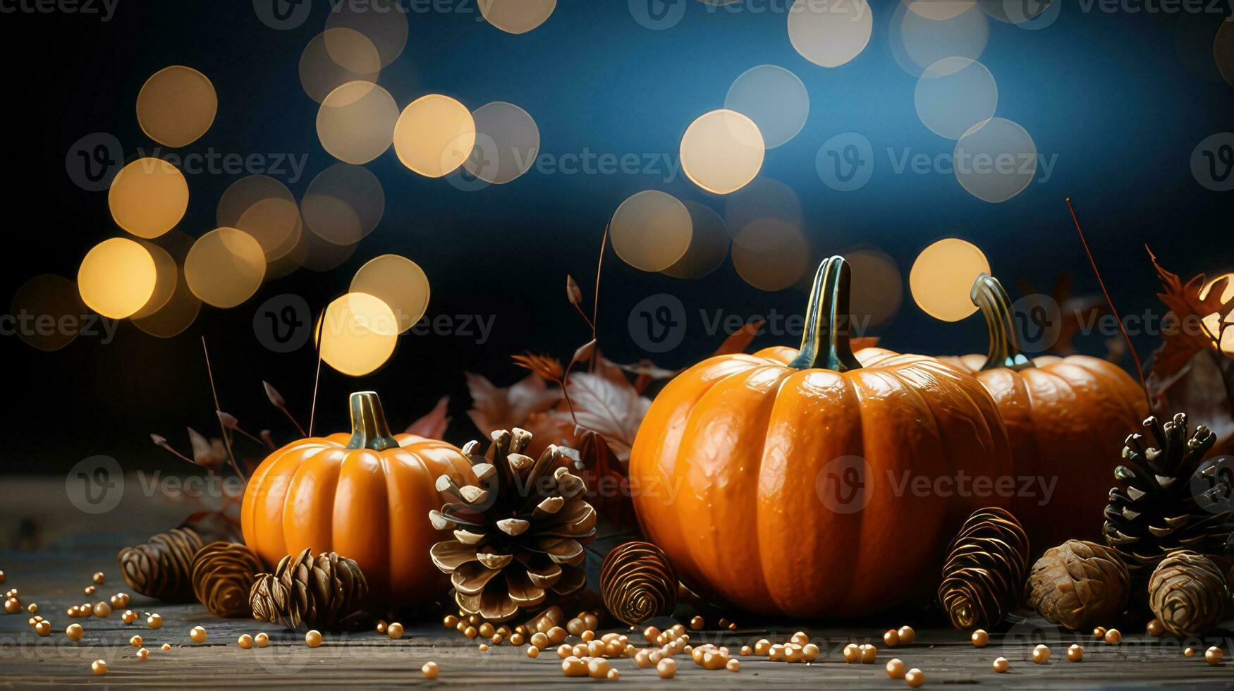 Autumn pumpkin arrangement on a wood background by generative AI photo