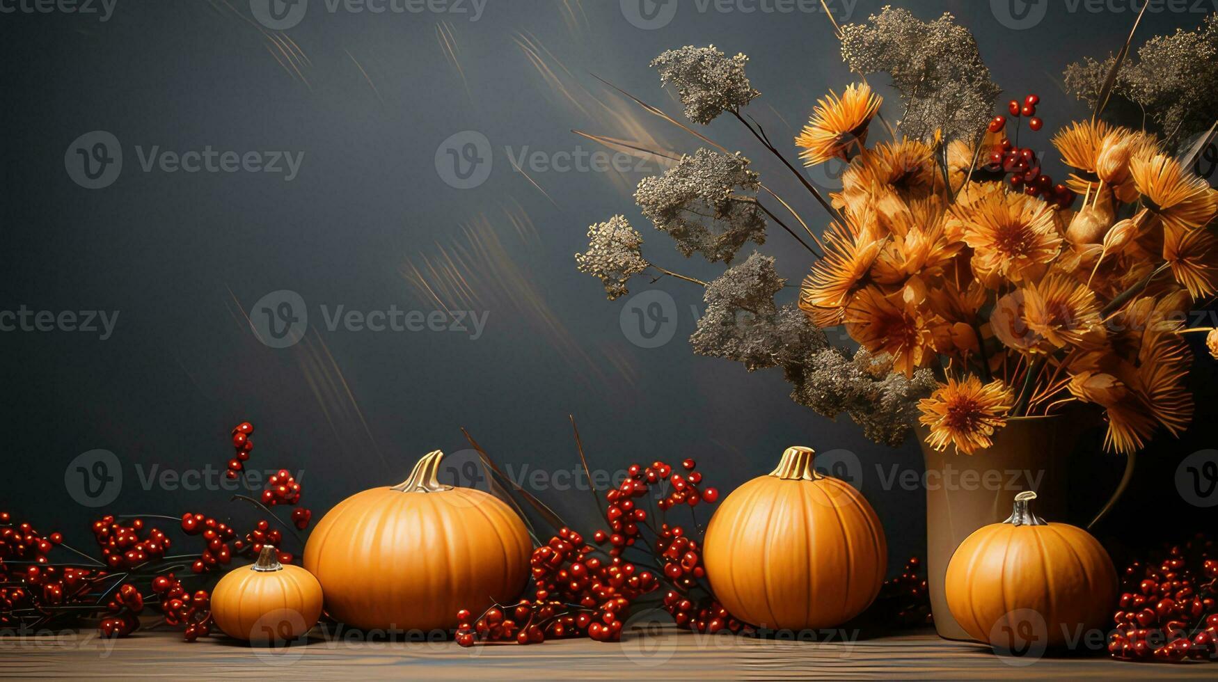 Autumn pumpkin arrangement on a wood background by generative AI photo