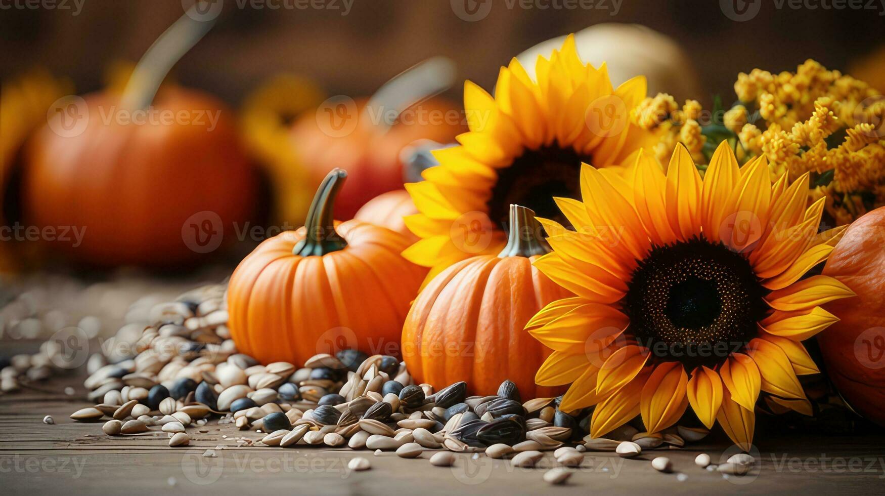 Autumn sunflower arrangement on a wood background by generative AI photo